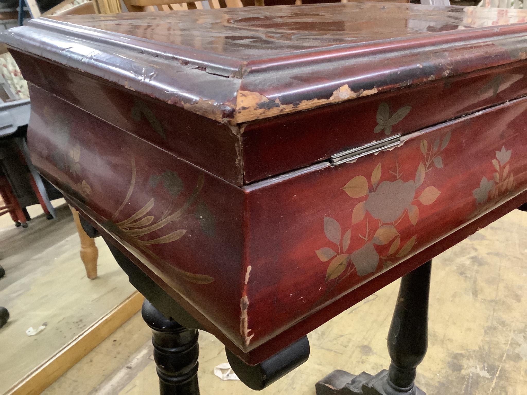 A Chinese lacquered work table, width 47cm, depth 32cm, height 69cm